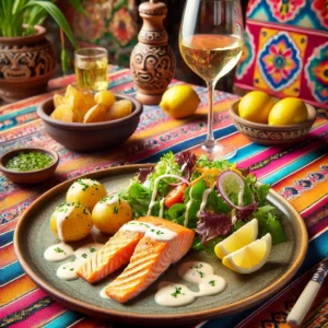 Een elegant bord met zalmfilet à la minute met beurre blanc, geserveerd met krieltjes, gemengde groene salade en schijfjes citroen. De zalm is in delicate repen gepresenteerd en besprenkeld met de romige saus, op een stijlvol bord. De setting is gestileerd met een levendige Mexicaans-geïnspireerde decoratie, inclusief kleurrijke textielen, heldere citrusaccenten en een glas witte wijn, wat zorgt voor een verfijnde en uitnodigende eetervaring