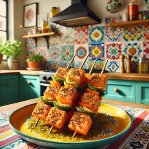 Zalmspiesjes met een knapperige kruidenkorst, geserveerd op een kleurrijk bord in een moderne, vrolijke Mexicaanse keuken met heldere tegels en tafelservies. De zonnige ruimte straalt een frisse en gastvrije sfeer uit