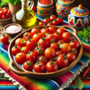Een kleurrijke presentatie van geconfijte kerstomaatjes, geserveerd in een rustieke schaal met glanzende olijfolie en een vleugje suiker en zout. De tomaatjes zijn geplaatst in een Mexicaans-geïnspireerde setting met heldere tafelkleden, verse kruiden en decoratieve elementen die een vrolijke en feestelijke sfeer oproepen. Perfect als smaakvol bijgerecht.