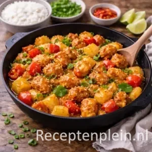 Zoetzure kip met ananas en paprika in een zwarte gietijzeren pan, geserveerd op een rustieke houten tafel met lente-ui, sesamzaad, een kom rijst en een linnen doek bij warm natuurlijk licht.