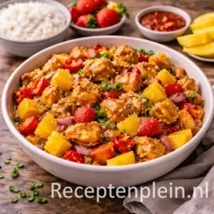 Zoetzure kip met fruit in een brede keramische schaal met malse kip, ananas, mango en aardbeien, geserveerd op een rustieke houten tafel met lente-ui, sesamzaad, een kom rijst en een linnen doek bij warm natuurlijk licht.