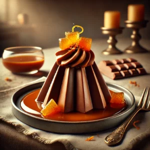 Een elegante Tobleronemousse, geserveerd in ovale bolletjes op een dessertbord met warme sinaasappel-karamelsaus en gegarneerd met gekarameliseerde sinaasappelschil. De presentatie heeft een verfijnde, feestelijke uitstraling met zacht natuurlijk licht dat de rijke chocoladekleur en heldere sinaasappeltinten benadrukt.