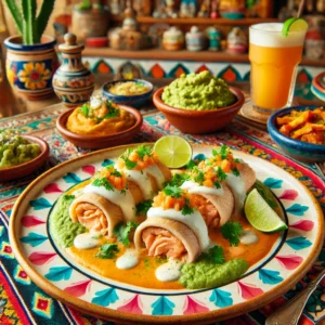 Een kleurrijke Mexicaanse presentatie van tongrolletjes gevuld met zalmmousse, geserveerd op een felgekleurde schaal met romige Hollandaisesaus. Het gerecht is gegarneerd met fijngehakte koriander en limoenpartjes, met een bijgerecht van geprakte avocado en gekruide geroosterde groenten. De tafel is gedecoreerd in Mexicaanse stijl met levendige textiel, handbeschilderd keramiek, en een glas agua fresca. De achtergrond toont een rustieke Mexicaanse keuken met terracottategels, warme tinten en natuurlijke verlichting, wat een vrolijke en authentieke sfeer creëert.