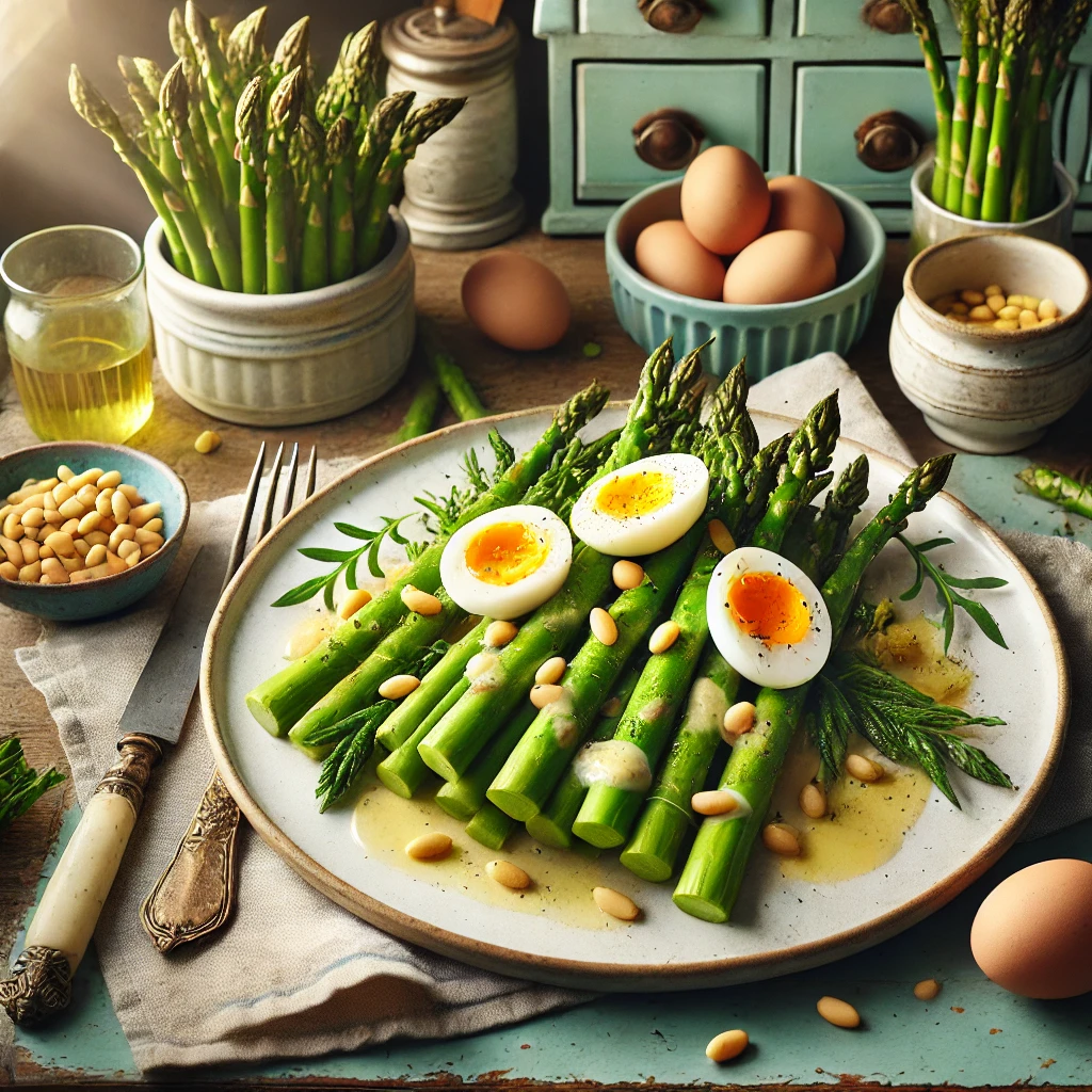 Een levendige en elegante foto van groene asperges met eieren en pijnboompitten, geserveerd als een mooi opgemaakt gerecht. De asperges zijn helder groen en beetgaar, gegarneerd met geroosterde pijnboompitten en besprenkeld met een romige wittewijnsaus. Het bord bevat ook gehalveerde gekookte eieren, kleine goudbruine aardappeltjes en verse rucola voor een uitgebalanceerde presentatie. De setting toont een vintage keuken met houten werkbladen, pastelgroene en blauwe kastjes, en zacht natuurlijk licht dat door een raam valt. Details zoals verse asperges, een schaaltje pijnboompitten en rustieke keukengerei versterken de warme en uitnodigende sfeer.