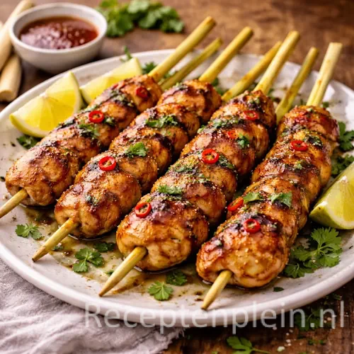 Citroengraskipspiesjes met goudbruin gegrilde kip op stengels citroengras, gepresenteerd op een keramisch bord op een rustieke houten tafel met limoenpartjes, rode peper, verse koriander, een schaaltje saus en een linnen doek bij warm natuurlijk licht.