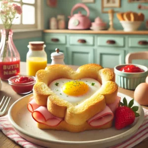 Een vrolijke en smakelijke foto van "Eitje in Broodnestje" met ham en ketchup, geserveerd op een houten tafel. Het gerecht bevat hartvormige sneetjes goudbruin geroosterd brood, belegd met een gebakken ei en een plak ham, afgewerkt met een toefje ketchup en een verse aardbei. De setting toont een vintage keuken met pastelgekleurde kastjes, zacht natuurlijk licht dat door een raam valt, en rustieke details zoals een botervlootje en een klein vaasje met bloemen, wat zorgt voor een warme en uitnodigende sfeer.