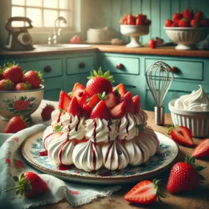 Eiwitschuim Pavlova met Aardbeien en Balsamico
