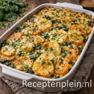Garam masala aardappelgratin met spinazie en kaas op een rustieke houten tafel.