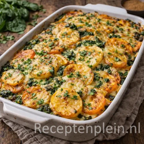 Garam masala aardappelgratin met spinazie en kaas op een rustieke houten tafel.