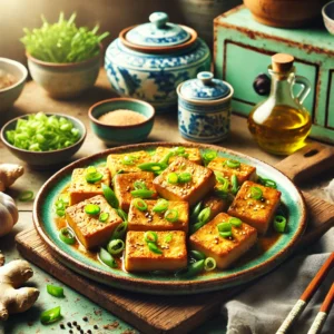 Een levendige en smakelijke foto van gebakken doufu op Pekingse wijze, geserveerd op een rustiek keramisch bord. De tofuplakjes zijn goudbruin en gegarneerd met fijngehakte lente-ui en gember. Het gerecht ligt in een lichte saus van kippenbouillon, sesamolie en rijstwijn. De setting toont een vintage keuken met houten werkbladen, pastelgroene en blauwe kastjes, en zacht natuurlijk licht dat door een raam valt. Details zoals verse gember, een schaaltje lente-ui en eetstokjes versterken de uitnodigende en authentieke sfeer.