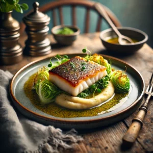 Gebakken zwarte koolvisfilet met een krokante goudbruine korst, geserveerd met romige pastinaakpuree en lichte groene kool op een rustieke houten tafel.