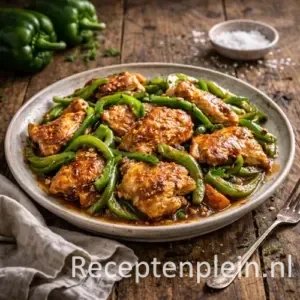 Hyper-realistische foodfoto van goudbruin gebakken kipstukken met groene paprikareepjes in een licht glanzende saus, geserveerd op een rustiek keramisch bord op een houten tafel met verse groene pepers, grof zeezout en een linnen servet in warm natuurlijk licht.