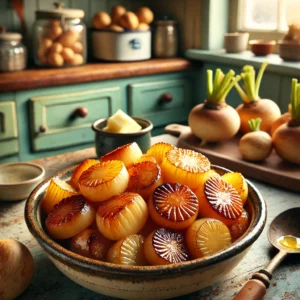 Een gezellige en smakelijke foto van gecarameliseerde knolraapjes, geserveerd in een rustieke keramische schaal. De knolraapjes zijn goudbruin, glanzend en perfect gekarameliseerd, met een glazuur van boter en suiker. De setting toont een vintage keuken met houten werkbladen, pastelgroene en blauwe kastjes en zacht natuurlijk licht dat door een raam valt. Details zoals verse knolraapjes, een houten lepel en een schaaltje boter versterken de warme en uitnodigende sfeer.