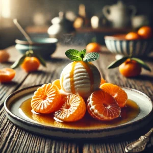 Geflambeerde clementines in een rijke karamelsaus met een bolletje smeltend vanille-ijs, gegarneerd met een takje munt, geserveerd op een rustieke houten tafel.