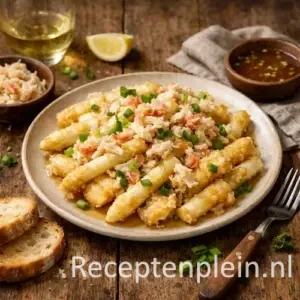 Gefrituurde asperges met krab op een rustieke houten tafel