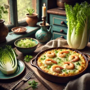 Een gezellige en elegante foto van gegratineerd witlof met garnalen, geserveerd in rustieke keramische schaaltjes. Het gerecht bestaat uit malse witlof gestoofd in een romige saus, gemengd met Noordzeegarnalen en bedekt met een goudbruine, bubbelende korst. De setting toont een vintage keuken met houten werkbladen, blauwgroene kastjes en zacht natuurlijk licht dat door een raam valt. Details zoals verse witlof, een schaaltje garnalen en een stuk rustiek brood versterken de warme en uitnodigende sfeer.