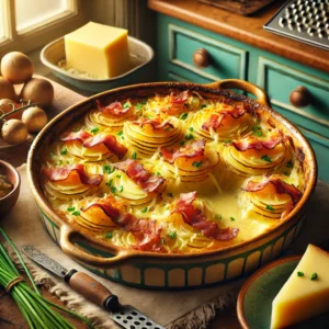 Een warme en uitnodigende foto van een gegratineerde aardappelschotel met spek en Gruyère, geserveerd in een rustieke keramische ovenschaal. Het gerecht bevat dun gesneden aardappelen, krokant gebakken spek, gebakken sjalotten en romige Gruyère, bedekt met een goudbruine, bubbelende kaaskorst. De setting toont een vintage keuken met houten werkbladen, blauwgroene kastjes en zacht natuurlijk licht dat door een raam valt. Details zoals verse bieslook, een rasp en een rustieke lepel versterken de gezellige, huiselijke sfeer.
