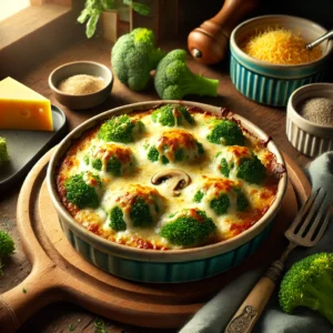Een gezellige en levendige foto van gegratineerde broccoli, geserveerd in een ronde keramische ovenschaal. Het gerecht bevat malse broccoliroosjes bedekt met een romige champignonsaus en een goudbruine, bubbelende laag gesmolten Mozzarella kaas. De setting toont een vintage keuken met houten werkbladen, blauwgroene kastjes en zacht natuurlijk licht dat door een raam valt. Details zoals verse broccoli, geraspte kaas in een schaaltje en een rustieke lepel dragen bij aan de warme en uitnodigende sfeer.