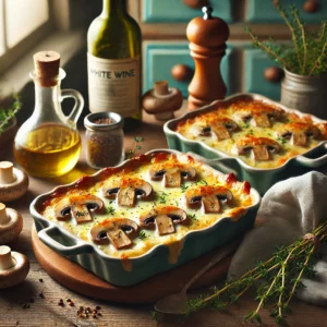 Een gezellige en smakelijke foto van gegratineerde champignons in romige wijnsaus, geserveerd in kleine rustieke ovenschaaltjes. De champignons zijn gebakken en bedekt met een rijke saus van witte wijn en crème fraîche, afgewerkt met gesmolten goudbruine kaas en verse tijm. De setting toont een vintage keuken met houten werkbladen, blauwgroene kastjes en zacht natuurlijk licht dat door een raam valt. Details zoals takjes verse tijm, een houten lepel en een fles witte wijn versterken de warme en uitnodigende sfeer.