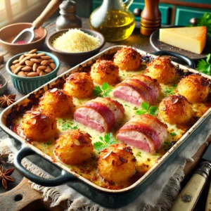 Een rustieke en smakelijke foto van gegratineerde filet "Cordon Bleu," geserveerd in een ovenvaste schaal met knapperige amandel-aardappelballetjes. Het gerecht bevat varkensfilets bedekt met ham, gesmolten kaas en een goudbruine korst, gecombineerd met perfect gefrituurde aardappelballetjes. De setting toont een vintage keuken met houten werkbladen, blauwgroene kastjes en zacht natuurlijk licht dat door een raam valt. Details zoals verse kruiden, geraspte kaas en rustiek keukengerei versterken de warme en uitnodigende sfeer.
