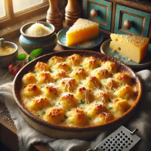 Een warme en uitnodigende foto van gegratineerde gnocchi, geserveerd in rustieke keramische schaaltjes. De gnocchi zijn goudbruin en bubbelen onder een romige saus van gorgonzola en mascarpone, afgewerkt met een laagje Parmezaanse kaas. De setting toont een vintage keuken met houten werkbladen, blauwgroene kastjes en zacht natuurlijk licht dat door een groot raam valt. Details zoals een blok Parmezaanse kaas, een rasp en verse kruiden dragen bij aan de gezellige en elegante sfeer.