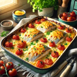 Een gezellige en elegante foto van gegratineerde grietfilets met kaas en mosterd, geserveerd in een rustieke ovenschaal. De filets zijn goudbruin gebakken, bedekt met een romige kaasmengeling en omringd door geblakerde kerstomaatjes. Het gerecht is gegarneerd met gehakte peterselie. De setting toont een vintage keuken met houten werkbladen, blauwgroene kastjes en zacht natuurlijk licht dat door een raam valt. Details zoals verse kruiden, een schaal salade en rustieke keukengerei versterken de warme en uitnodigende sfeer.