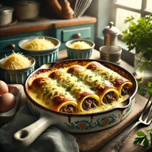 Een gezellige en elegante foto van gegratineerde karnemelkcrĆŖpes gevuld met kalfsgehakt, geserveerd in een rustieke keramische ovenschaal. De crĆŖpes zijn opgerold, schuin doorgesneden en netjes gerangschikt, bedekt met gesmolten Emmentaler kaas en een goudbruine korst. De setting toont een vintage keuken met houten werkbladen, blauwgroene kastjes en zacht natuurlijk licht dat door een raam valt. Details zoals verse peterselie, geraspte kaas en een garde dragen bij aan de warme en uitnodigende sfeer.