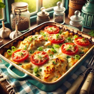 Een gezellige, kleurrijke foto van gegratineerde kipfilet, geserveerd in een rustieke ovenschaal. Het gerecht bevat malse kipfilets bedekt met een romige saus, kwartjes tomaat, schijfjes jonge ui en gesmolten Hollandse brandnetelkaas, afgewerkt met een vleugje knoflook. De ovenschaal staat op een houten tafel in een vintage keuken met blauwe en groene tinten, antieke potten en een geruite doek. Zacht natuurlijk licht valt door een raam, wat zorgt voor een warme en uitnodigende sfeer.