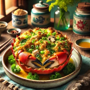 Een kleurrijke en smakelijke foto van gegratineerde krab op z'n Chinees, geserveerd in de krabbeschelp. Het gerecht heeft een vulling van fijngemalen krab, varkensvlees, paddenstoelen en lente-ui, gebonden met ei en bestrooid met broodkruimels en sesamolie. De schelp ligt op een rustiek bord, gegarneerd met verse kruiden. De tafel heeft een vintage uitstraling, met een keuken op de achtergrond in blauwe en groene tinten, antieke potten en zacht licht dat door een raam schijnt, wat een uitnodigende sfeer creƫert.