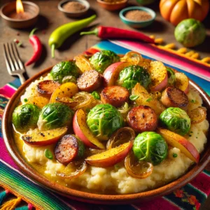 Geroosterde spruitjes stamppot met appel en braadworst, geserveerd op een kleurrijk bord. De stamppot bevat romige aardappelpuree, geroosterde uien, blokjes appel en spruitjes, met sappige braadworst als topping. Een smakelijk en vullend gerecht.