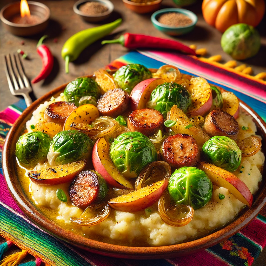 Geroosterde spruitjes stamppot met appel en braadworst, geserveerd op een kleurrijk bord. De stamppot bevat romige aardappelpuree, geroosterde uien, blokjes appel en spruitjes, met sappige braadworst als topping. Een smakelijk en vullend gerecht.