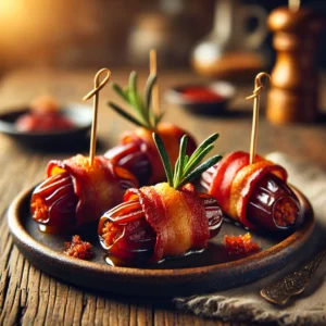 Gefrituurde dadels gevuld met chorizo en omwikkeld met knapperig spek, geserveerd met een dipsaus en verse rozemarijn op een rustieke houten tafel.