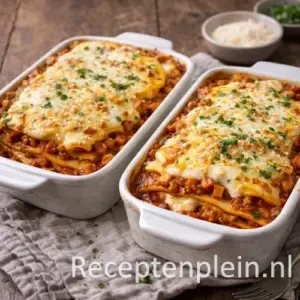 Romige lasagne bolognese uit de oven met ricotta op een rustieke houten tafel.