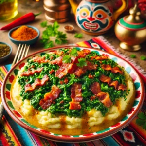 Stamppot boerenkool met een romige masalasaus en krokante spekjes, geserveerd op een kleurrijk bord. De stamppot is gemaakt van aardappelpuree en boerenkool, met een rijke, kruidige saus en goudbruin gebakken spekjes als topping. Een hartig en smaakvol gerecht.