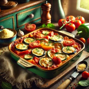 Een kleurrijke en rustieke foto van ratatouille, geserveerd in een klassieke keramische ovenschaal. Het gerecht bevat een mix van gebakken courgette, aubergine, rode paprika en tomaten, bedekt met gesmolten kaas en een goudbruine korst van paneermeel. De setting toont een vintage keuken met houten werkbladen, blauwgroene kastjes en zacht natuurlijk licht dat door een raam valt. Omringende details zoals verse groenten, een schaaltje geraspte kaas en een houten lepel versterken de warme en uitnodigende sfeer.
