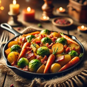 Winterse groentepan met knapperige spekjes geserveerd in een gietijzeren pan op een rustieke houten tafel, omringd door warme sfeerverlichting en winterse details.