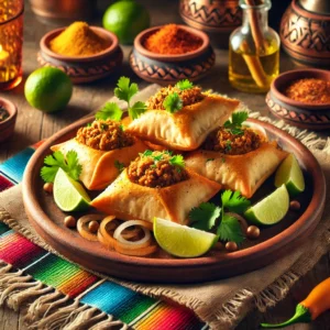 Een Mexicaans geïnspireerde presentatie van Boerak, geserveerd op een rustieke aardewerken schaal. De goudbruine, krokante deegpakketjes zijn gevuld met gekruid gehakt, ui en verse peterselie. Het gerecht is gegarneerd met koriander, partjes limoen en een vleugje chilivlokken. De setting wordt gecompleteerd met kleurrijke Mexicaanse textielpatronen, een houten tafel en warm sfeervol licht voor een uitnodigende en feestelijke sfeer. 🌶️🥟✨