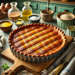 Een rustieke en smakelijke foto van een ambachtelijke boterkoek gebakken in een zandtaartvorm met geribbelde randen. De boterkoek is goudbruin met een glanzend oppervlak, voorzien van een traditioneel ruitpatroon door de laagje ei. Geserveerd op een houten plank met een vintage mes ernaast. De setting toont een gezellige keuken met zacht natuurlijk licht, pastelgroene en blauwe kastjes, en rustieke keukengerei. Details zoals schaaltjes met bloem, suiker en citroenrasp versterken de huiselijke sfeer.