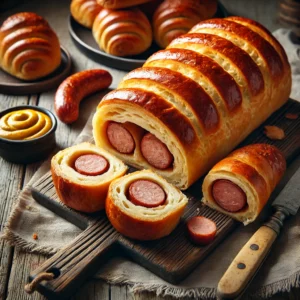 Een versgebakken batch Brabantse worstenbroodjes met een zachte, goudbruine korst en een goed gekruid vleesvulling. Eén broodje is doorgesneden, zodat de sappige worst zichtbaar is. De worstenbroodjes liggen op een houten snijplank, met een klein schaaltje mosterd voor extra smaak. Op de rustieke houten tafel liggen een linnen servet en een vintage mes. Zachte natuurlijke verlichting benadrukt de warme tinten en de ambachtelijke textuur van de broodjes.