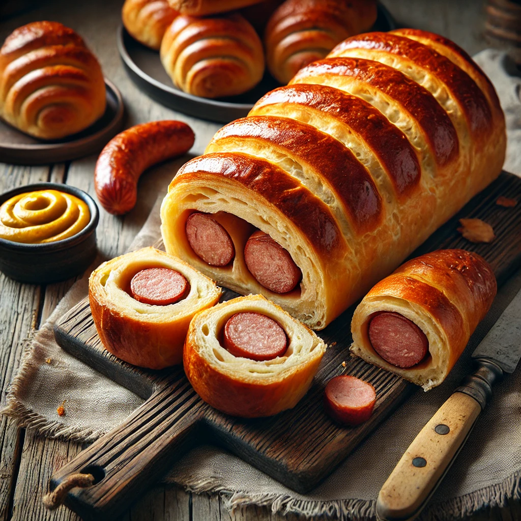 Een versgebakken batch Brabantse worstenbroodjes met een zachte, goudbruine korst en een goed gekruid vleesvulling. Eén broodje is doorgesneden, zodat de sappige worst zichtbaar is. De worstenbroodjes liggen op een houten snijplank, met een klein schaaltje mosterd voor extra smaak. Op de rustieke houten tafel liggen een linnen servet en een vintage mes. Zachte natuurlijke verlichting benadrukt de warme tinten en de ambachtelijke textuur van de broodjes.