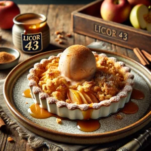 Licor 43 appelkruimeltaart met een goudbruine, knapperige topping en warme appelvulling, geserveerd met smeltend kaneelijs en een scheutje Licor 43. Licht bestoven met poedersuiker en verkruimelde boterwafels, op een rustieke houten tafel met zachte, natuurlijke belichting.