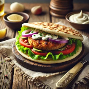 Een smaakvolle wrap gevuld met een gekruide Arabische kipburger, verse sla, plakjes tomaat en rode ui, royaal besprenkeld met romige knoflookmayonaise. De licht geroosterde flatbread is deels gevouwen, waardoor de kleurrijke vulling zichtbaar blijft. Naast de wrap ligt een schaaltje extra knoflookmayonaise en een partje citroen. De rustieke houten tafel is aangekleed met een linnen servet en een vintage mes. Zachte natuurlijke verlichting benadrukt de warme tinten en verse texturen van het gerecht.