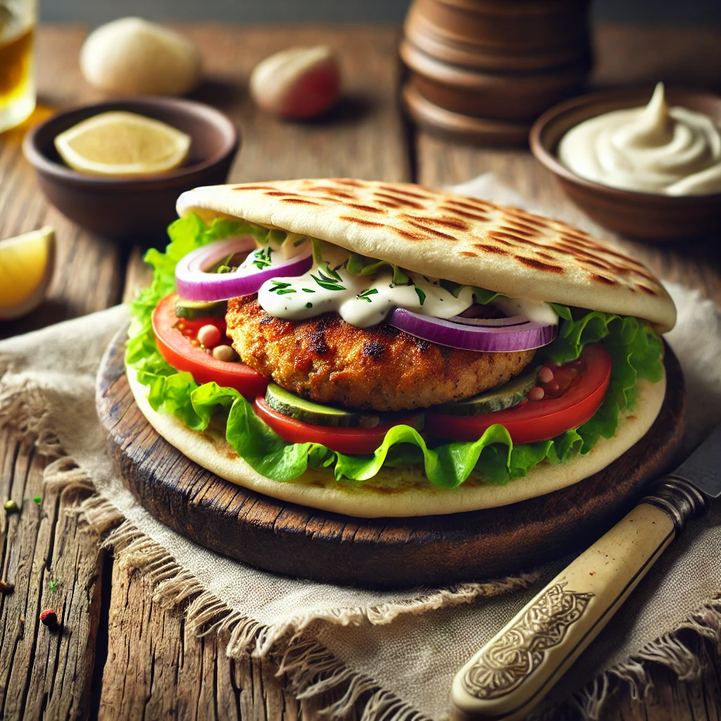 Een smaakvolle wrap gevuld met een gekruide Arabische kipburger, verse sla, plakjes tomaat en rode ui, royaal besprenkeld met romige knoflookmayonaise. De licht geroosterde flatbread is deels gevouwen, waardoor de kleurrijke vulling zichtbaar blijft. Naast de wrap ligt een schaaltje extra knoflookmayonaise en een partje citroen. De rustieke houten tafel is aangekleed met een linnen servet en een vintage mes. Zachte natuurlijke verlichting benadrukt de warme tinten en verse texturen van het gerecht.