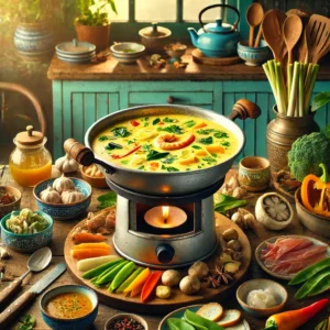 Een warme en aromatische foto van een Indonesische fondue met kokosmelk en kruiden, geserveerd in een traditionele fonduepan op een rechaud. De bouillon is goudkleurig en geurig, doordrenkt met kurkuma, gember, citroengras en koriander, en gegarneerd met verse kruiden. Rondom de pan staan kleurrijke schalen met groenten zoals paprika, peultjes en shiitake, samen met rauwe garnalen, vis en vlees voor het dippen. De setting toont een gezellige vintage keuken met houten werkbladen, pastelgroene en blauwe kastjes en zacht natuurlijk licht dat door een raam valt. Rustieke keukengerei en kleine schaaltjes met dipsaus maken de sfeer compleet.