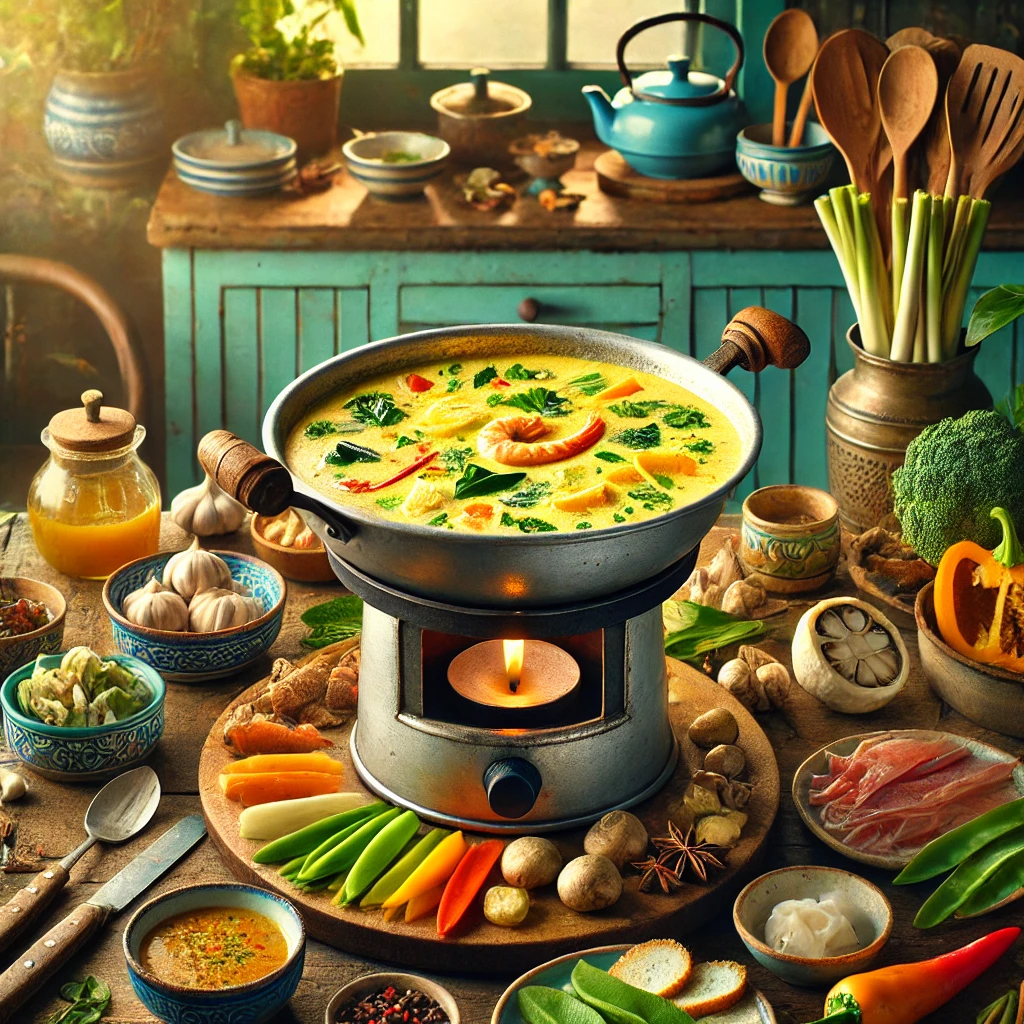 Een warme en aromatische foto van een Indonesische fondue met kokosmelk en kruiden, geserveerd in een traditionele fonduepan op een rechaud. De bouillon is goudkleurig en geurig, doordrenkt met kurkuma, gember, citroengras en koriander, en gegarneerd met verse kruiden. Rondom de pan staan kleurrijke schalen met groenten zoals paprika, peultjes en shiitake, samen met rauwe garnalen, vis en vlees voor het dippen. De setting toont een gezellige vintage keuken met houten werkbladen, pastelgroene en blauwe kastjes en zacht natuurlijk licht dat door een raam valt. Rustieke keukengerei en kleine schaaltjes met dipsaus maken de sfeer compleet.