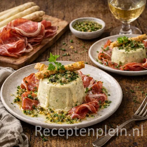 Aspergebavarois met Truffelvinaigrette en Coppa de Marcassin op rustieke houten tafel