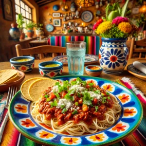 Een kleurrijke Mexicaanse presentatie van bolognesesaus geserveerd over spaghetti op een felgekleurde keramische schaal. Het gerecht is gegarneerd met verkruimelde queso fresco en gehakte koriander, en wordt vergezeld door warme maïstortilla’s. De tafel is gedecoreerd met levendige Mexicaanse textiel, handbeschilderd servies en een glas agua fresca. De achtergrond toont een rustieke Mexicaanse keuken met terracottategels, feestelijke decoraties en natuurlijke lichtinval, wat een levendige en uitnodigende sfeer creëert.