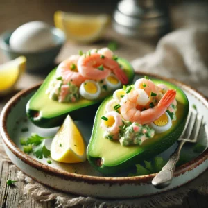 Gevulde avocadohelften met een romige garnalenvulling, gegarneerd met verse bieslook en citroen, geserveerd op een rustieke houten tafel.