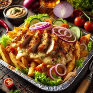 Een heerlijke BBQ Kapsalon geserveerd in een rustiek aluminium bakje, gevuld met knapperige goudbruine aardappelpartjes, sappige gegrilde kippendijen en smeuïge gesmolten kaas. De kapsalon is rijkelijk belegd met frisse ijsbergsla, rode ui, cherrytomaten en komkommer. Een romige zelfgemaakte knoflooksaus en pittige sriracha maken het gerecht compleet. Op de achtergrond staat een kommetje knoflooksaus, verse kruiden en een barbecue met sissende kip. De warme, natuurlijke belichting benadrukt de rijke smaken en knapperige texturen van deze ultieme barbecue-traktatie.