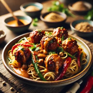 Bami met pittige gehaktballetjes en romige satésaus, gegarneerd met verse koriander en gehakte pinda’s, geserveerd op een rustieke houten tafel.